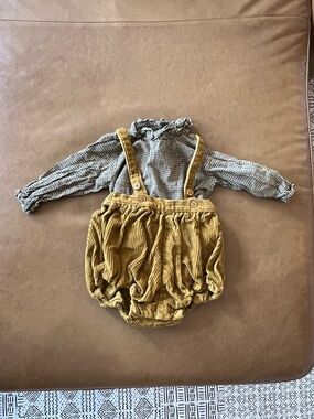 Caramel Mustard Corduroy Bubble Overalls with multi colored Blossom Shirt